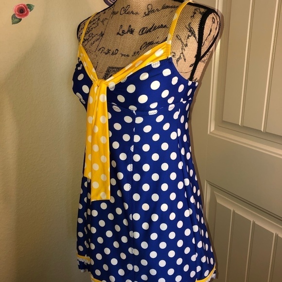 Rare Betsey Johnson Swim Dress/ Coverup in Blue White & Yellow Polka Dot Sz S - Picture 5 of 8